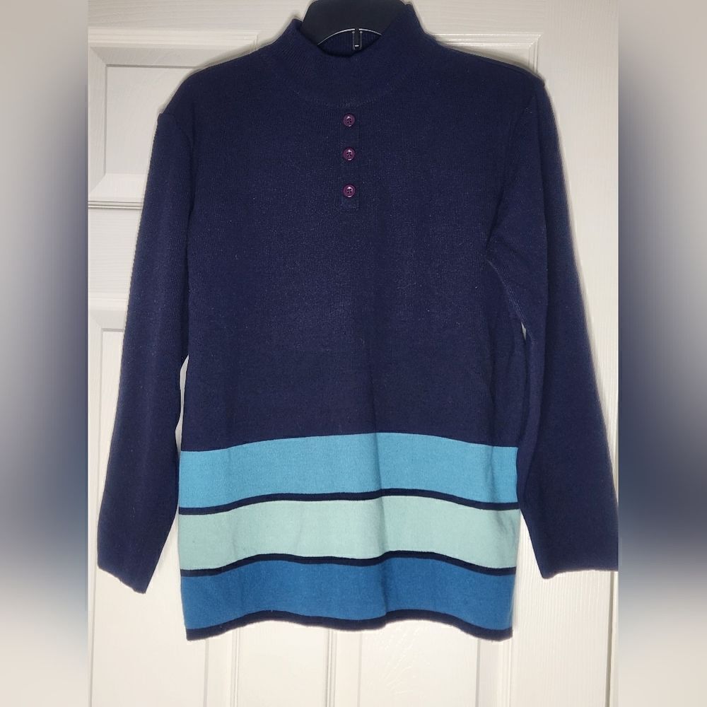 Adolfo Collectibles M Navy Blue Lngsl Knitted Striped FauxButtons Women Sweater